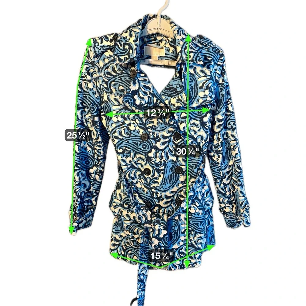 MICHAEL Kors Blue Paisley Belted Short‎ Trench Coat Epaulets MS52H971PJ Medium